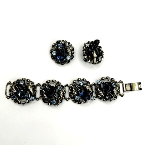 Jewelry - Vintage chunky silver & blue rhinestone ornate mid century bracelet & earrings